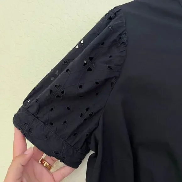 Who What Wear, Eyelet Peplum Top, Black, 100% Cotton, Puff Sleeve Blouse - Picture 6 of 12